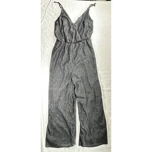 H&M Divided Womens Black Metallic Shimmer Wide Leg Jumpsuit Size 4 Wrap Front